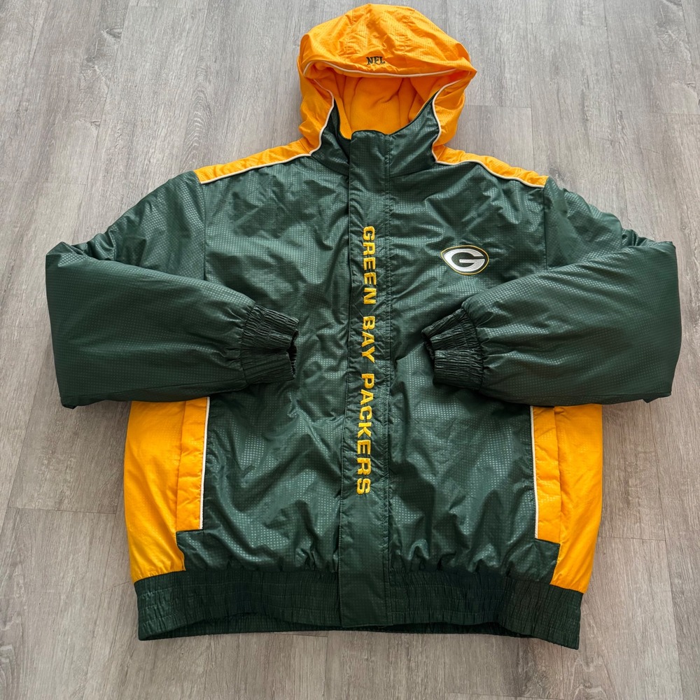 NFL Team Apparel Green Bay Packers Hooded Puffy Jacket Green Gold Mens XL